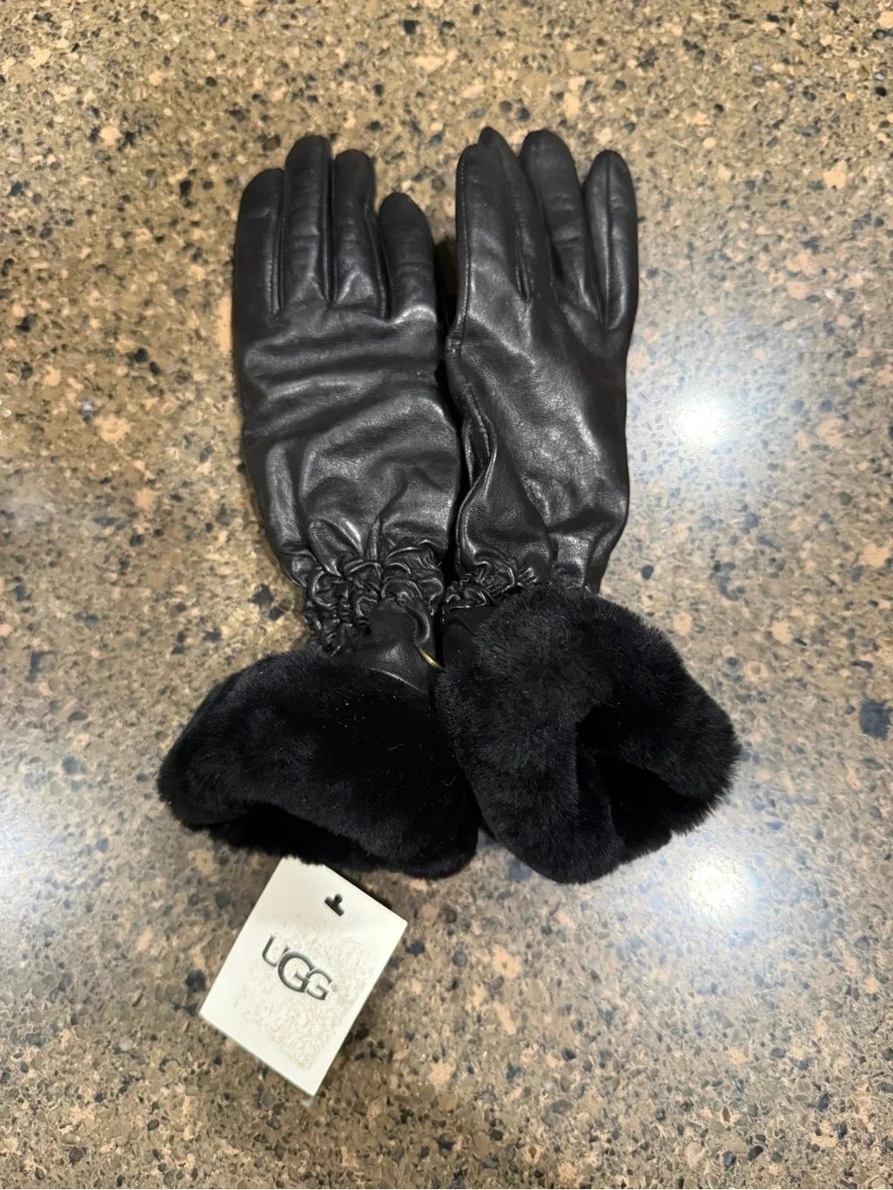 UGG Black Leather Gloves with Fur Trim